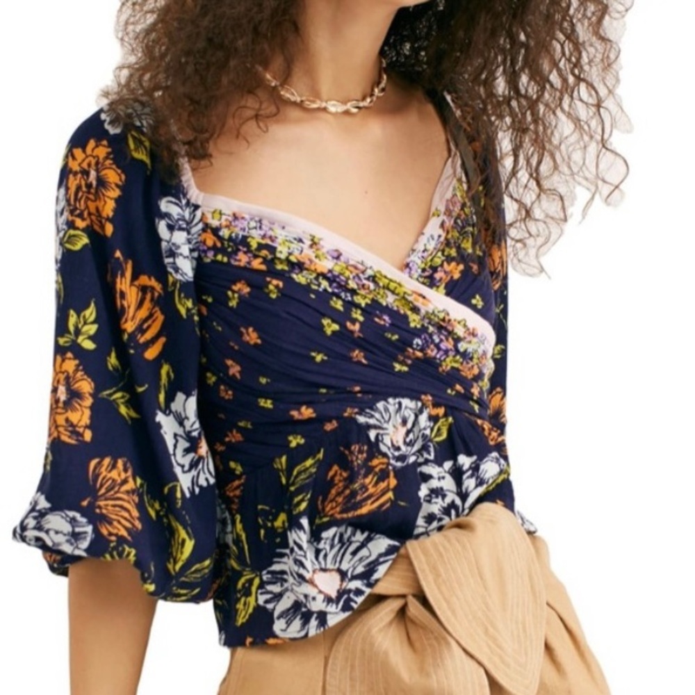 Free People navy floral wrap puff sleeve top